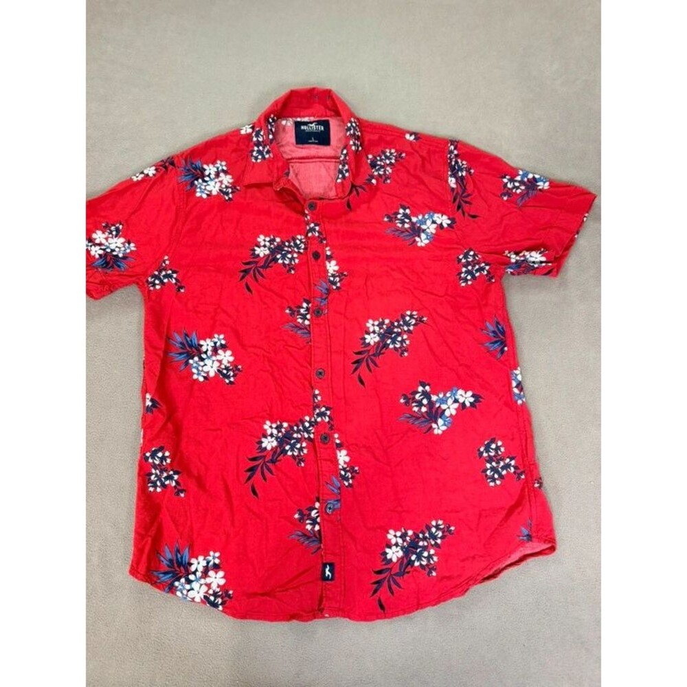 Hollister Men’s Red Hawaiian Tropical Print Short Sleeve Button Up Shirt- Large